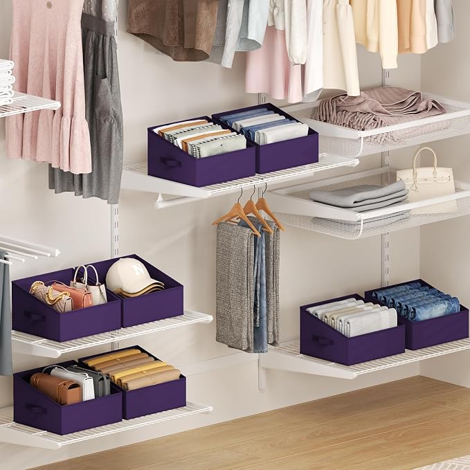 DIMJ Closet Storage Bins 6 Pack - Fabric Storage Baskets for Shelves, Collapsible Clothes Organizer, Trapezoid Shelf Organization Storage Cubes for Purse, Toys, Books, Towel, Clothes, Purple