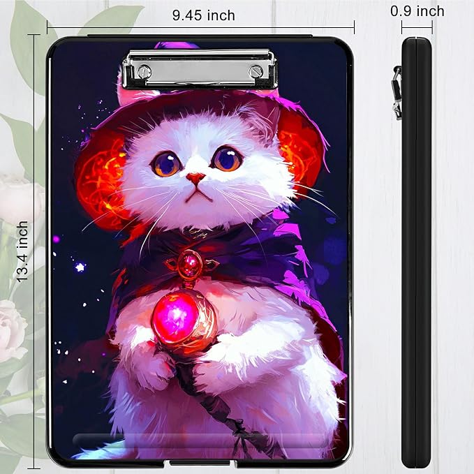 Purple White Cat A4 Clipboard with Storage Pen Holder, Clipboards Organizer Nursing Clipboard Foldable File Folder Plastic Clipboard Folio Clip Board for Office Students Classroom Doctor