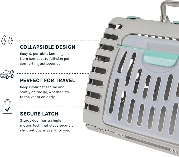 SportPet X-Large Hard-Sided Travel Cat Carrier - Cat Carrier with Patented Wide Side-Opening Door, Foldable Portable Pet Carrier with Removable Bed for Cats & Small Pets up to 35lbs - Gray