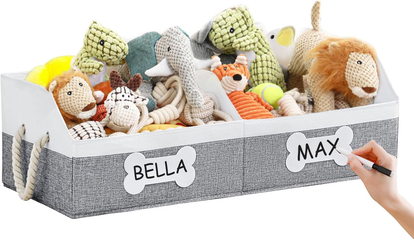Large Dog Toy Basket, Foldable Dog Toy Bin with Removable Divider & 2 Tags | 61L Dog Toy Capacity, 2-Zone Sorting, Low-Front Pet Access, DIY Tags & Marker, Reinforced Structure, Trapezoid Dog Toy Box