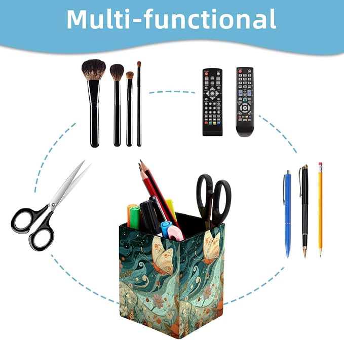 Butterfly Pen Holder for Desk Decor, Rectangular PVC Leather Pencil Cup for Desk Pen Organizer, Makeup Brush Holder for School, Home, Office