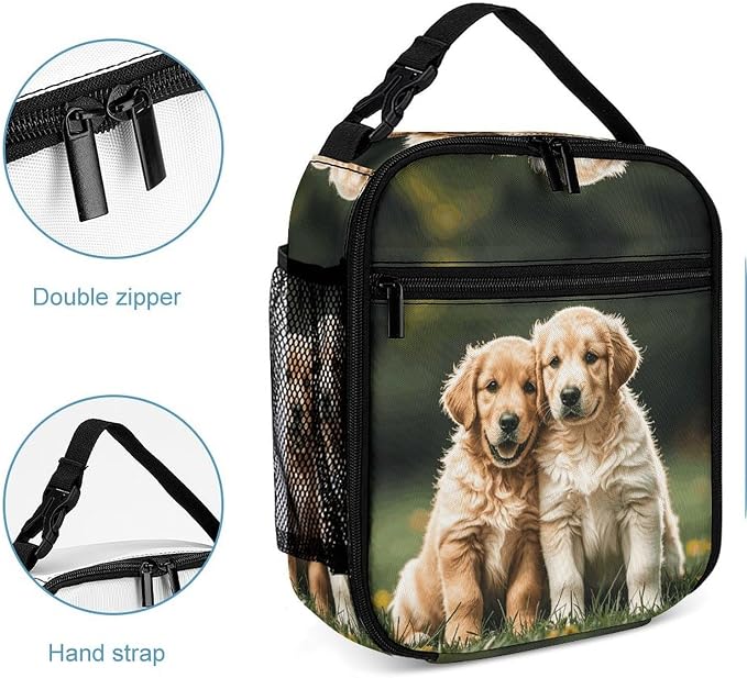 Golden Retriever Dogs Pets Lunch Box Insulated Small Durable Handbag | Portable Organizer Lunch Bag Reusable Large Capacity Lunch Tote Bags with Mutiple Pockets for Work Office Travel Picnic