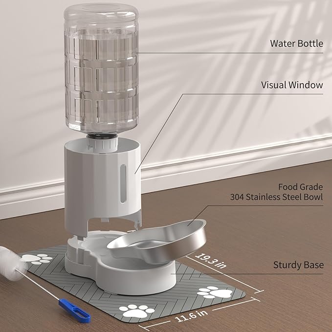 JUNSPOW Cat Water Dispenser with Placemat and Stainless Steel Bowl, Automatic Gravity Water Dispenser for Cats or Small Medium Size Dogs, Large Capacity, Easy to Clean and Safe for Pets (4L White)