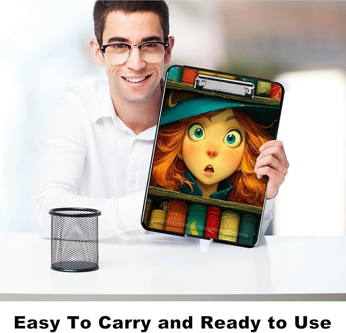 Heavy Duty Storage Clipboard, Slim Nursing Clipboard with Internal Pen Case, Portable File Organizer Case for A4 Letter Size Paper Office Medical Professionals, Colorful Book Girl