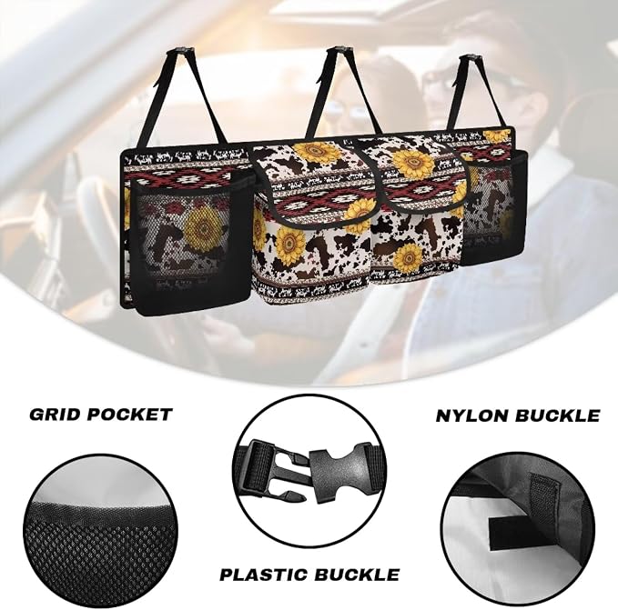 Boho Back Seat Organizer - Sunflower Cow Print Car Accessories for Women Reinforced Trunk Storage System with 4 Pockets