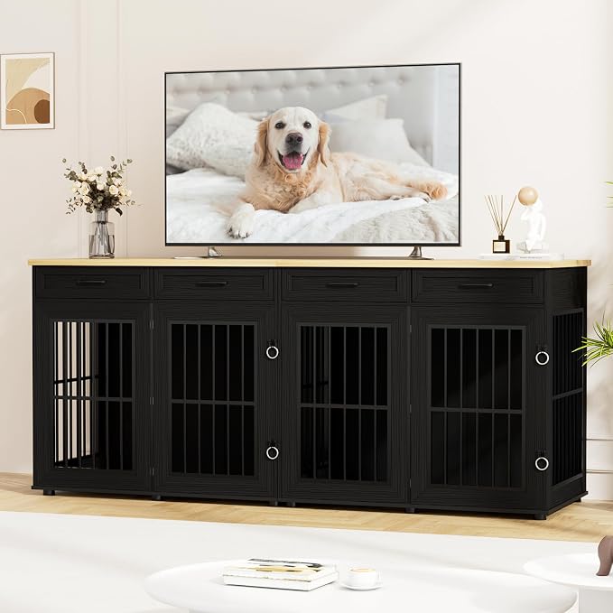 VOWNER 87" Dog Crate Furniture for 2 Dogs, Double Dog Cage Furniture, Black | Extra Large Wooden Dog Kennel with 4 Drawer, Removable Divider, Furniture-Style TV Stand, XXL Dog Crate for Large Medium Dogs