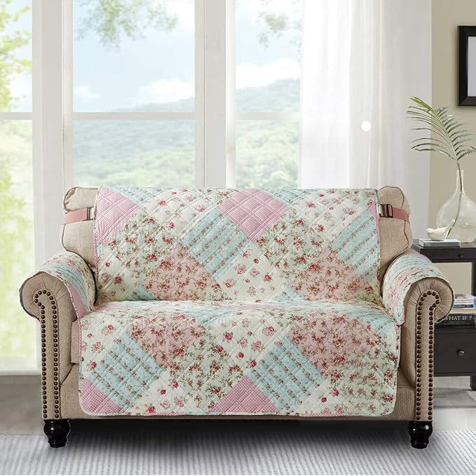 Brilliant Sunshine Pink & Green Roses Patchwork Loveseat Cover, 54" seat | Quilted Sofa Cover, Living Room & Bedroom Furniture Protector, Large Washable Love Seat Slipcover for Pets, Dogs & Cats