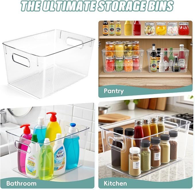 Set of 8 Clear Organizers and Storage Bins, 4 Large and 4 Small Stackable Plastic Storage Containers with Handles for Fridge, Freezer, Pantry, Cabinet, Kitchen Organization