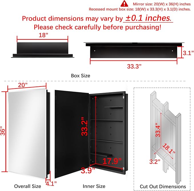 Black Metal Medicine Cabinet, 20 x 36 Beveled Mirror, Recessed Wall Storage | Recessed or Surface Mount Mirrored Cabinet with Adjustable Staggered Shelves, Piano Hinge, Reversible Door Swing, Matte Black