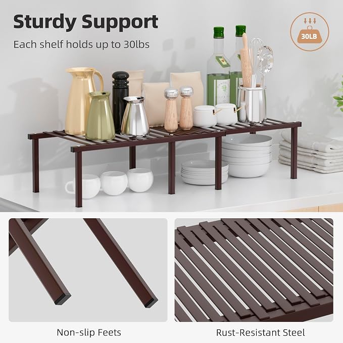 STORAGE MANIAC Expandable Cabinet Organizer Shelf, Set of 4, Brown | 15.8 inches Expandable, Stackable Wire Shelf, Spice Rack, Metal Pantry Storage for Plate Dish, Kitchen Counter Shelves