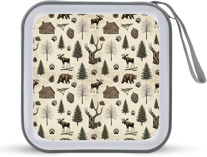 Hard Shell DVD Storage Binder Farmhouse Country Antique Bear Moose Vintage Wood Rustic Cabin, Holds 40 Discs, Portable Wallet with Carry Handle, Organizer for Car Home Office