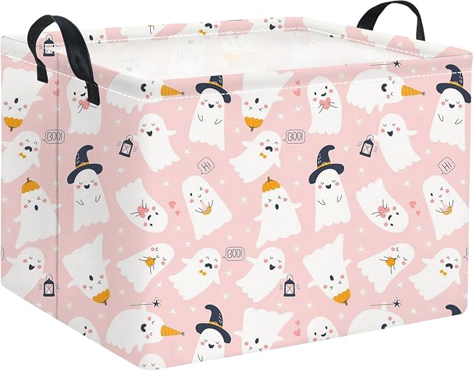 Rectangular Halloween Basket for Boys and Girls Kids Trick or Treat Pumpkin Basket for Halloween Parties Cute Storage Bin Organizer Box Room Decor(Pink Ghost)