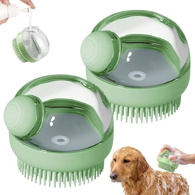 2 Pcs Dog Bath Brush, 2 in 1 Dog Grooming Brush with Built-in Shampoo Dispenser, Pet Grooming Massage Shampoo Bath Brush Soft Silicone Bristle for Long Short Haired Dogs Cats Shower-Green
