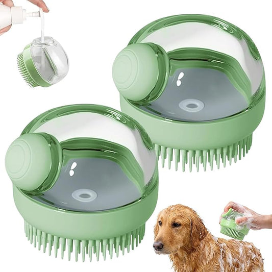 2 Pcs Dog Bath Brush, 2 in 1 Dog Grooming Brush with Built-in Shampoo Dispenser, Pet Grooming Massage Shampoo Bath Brush Soft Silicone Bristle for Long Short Haired Dogs Cats Shower-Green
