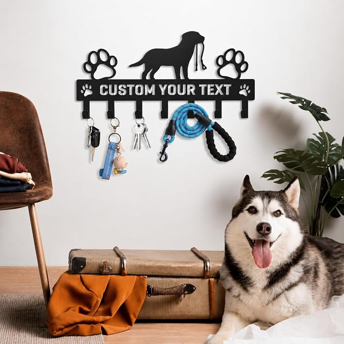 Personalized Dog Leash Holder for Wall, Custom Pet Key Hook Rack | Dog metal leash holder for wall with custom text, keeps keys, collars and leashes organized, ideal pet lover gift