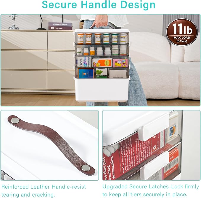 Homaigie Extra Tall 5-Tier Medicine Cabinet Organizer for Medicine Bottles Organizer, Portable Medicine Storage Box with Leather Handle, Empty First Aid Kit Container for Home, Classroom
