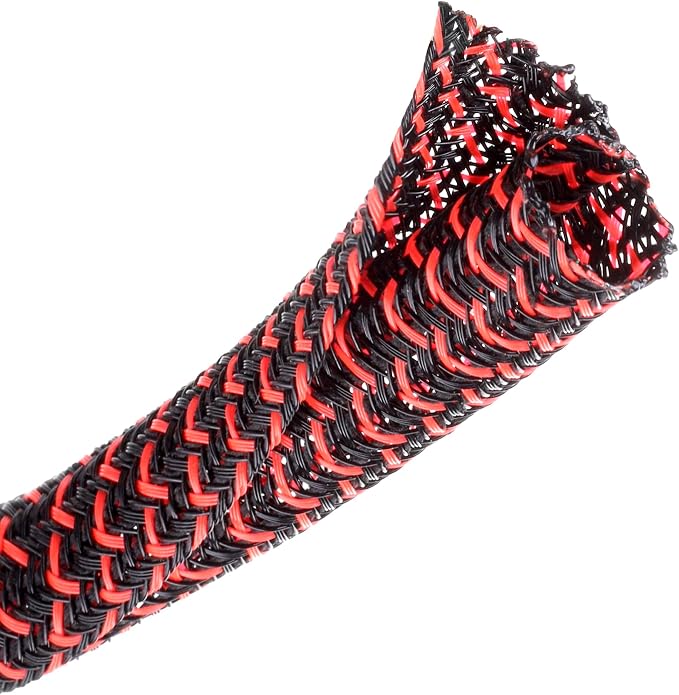 Cable Management Sleeve, Split Design, 25FT - 1/2 Inch, Black/Red | Cord Protectors from Pets | Heat & Abrasion Resistant Wire Loom | Automotive Wiring & Home Office Cable Organization