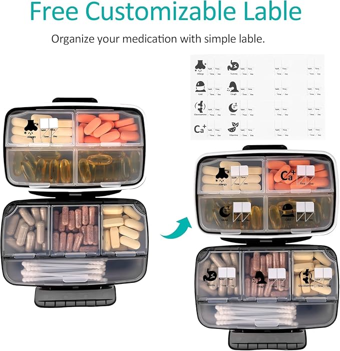 Travel Pill Organizer Large Portable Medication Fullicon Oversize 8 Compartment Pill Box, Vitamin Travel Case Pill Holder - Airtight & Moistureproof (Black) | Moisture Proof, Travel, Easy Open, Holds 14-17 Fish Oils, 20-35 Capsules or 13-21 Vitamins, C...