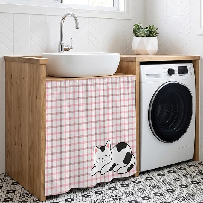 Cute Cat Cabinet Dishwasher Hidden Curtains, Privacy Closet Door Curtain, Pink Brown Checked Modern Pet Cats Rustic Adhesive Dust Proof Under Sink Skirt for Bathroom Kitchen 35"x35"
