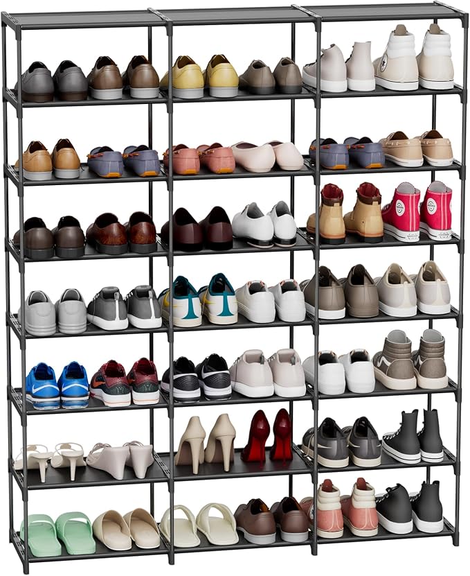 SMILHELTD Large Shoe Rack 3 Row 8 Tier Sneaker Storage Organizer 48 Pairs | Metal Tiered Plastic Shelves Dust-Proof Mats, Space Saving Oganization for Garage Closet, DIY Assembly, 49.2"W x 50.8"H