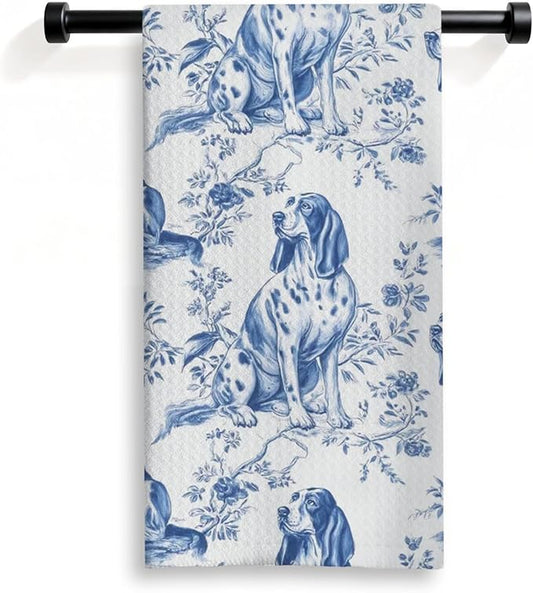 Bloodhound Kitchen Dish Towels,Blue and White Floral Dog Towel Dish Tea Towels, Chinoiserie Decor for Kitchen Bathroom,Bloodhound Gifts for Dog Lover Mom Dad,16x24 Inch