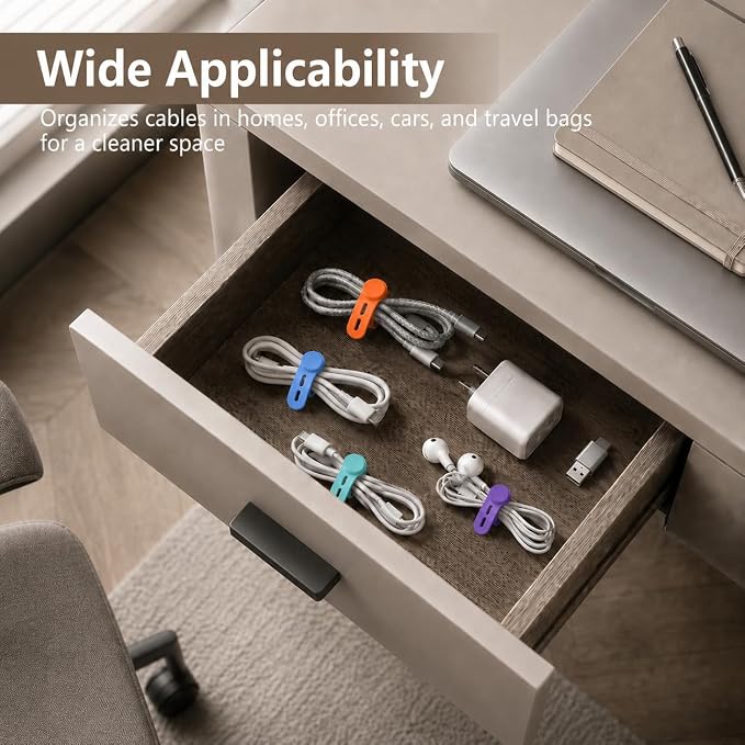 20-Pack Reusable Silicone Wire Ties Cord Organizer (Bright Colors) | Flexible Food-Grade Silicone Cable Organizers for Charging Cords, Reusable Elastic Straps for Desk, Home&Travel Organization