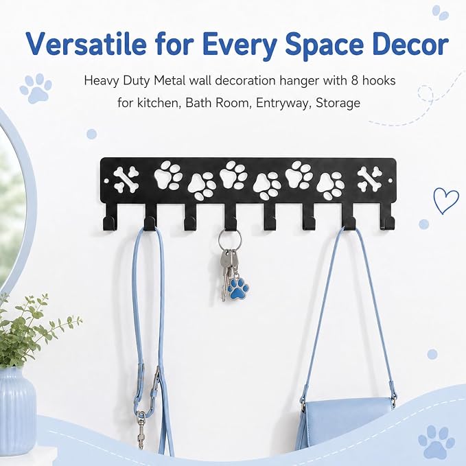 Dog Leash Holder for Wall Dog Decor Key Hangers Organizers, 1Pc | 11.8x2.75in Leash Holder for Wall Key Rack Iron Paw Design Screw Anchors Mounts for Entryway Hallway Storage