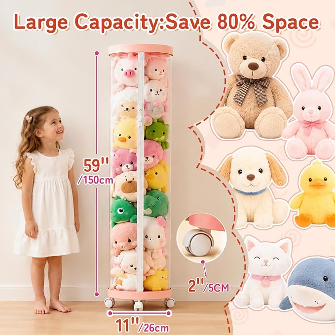 Upgraded Stuffed Animal Storage Tube,Tall (150cm) Plush Organizer with 4 Wheels,Pink PET Clear Bucket & Double Zipper, Space-Saving Toy Storage for Kids Room,Tidy Zoo Bin for Stuffed Animals