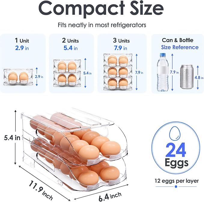SMRCAD 24-Egg Dispenser with Silicone Bumpers, Auto-Rolling, Stackable | BPA-free food-grade PET | Stackable with lid | Built-in handle | Fits Large to Jumbo Eggs | Hand wash only