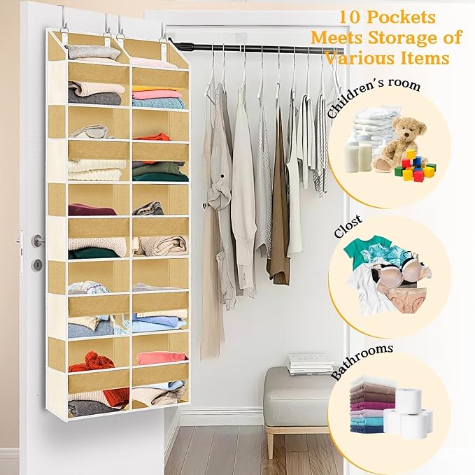 Over the Door Organizer 5 Tiers,Extra Large Behind Door Storage of 10 Compartments,80 lbs Weight Capacity Over the Door Storage, Door Hanging Organizer for Closet, Diaper Organizer, Camel
