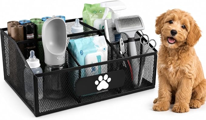 Pet Supplies Organizer Basket, Dog Waste Bag Holder and Grooming Storage Bin for Water Bottles, Nursing Bottles, Cleaning Supplies, Brushes, Combs and Pet Care Accessories