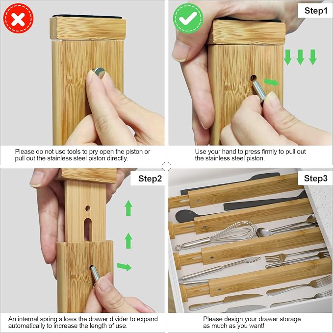 Bamboo Kitchen Drawer Divider 4 Pack,17-22" Adjustable Dresser Drawer Organizer for Bathroom,Bedroom,Natural,2.4 inch High