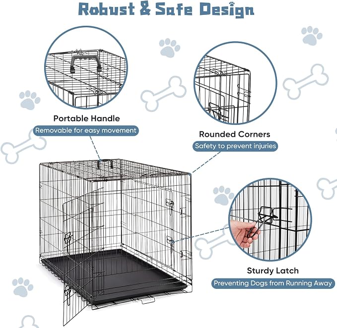 DUMOS 42 Inch Dog Crate, Foldable Medium Large Dog Cage Pet Kennel | Double Door Metal Wire, Plastic Leak-Proof Pan Tray, Portable Indoor Outdoor Training Travel