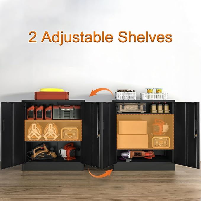 Wanfu Metal Storage Cabinet, 36" H Locking Storage Cabinet with 2 Adjustable Shelves, Metal Cabinets for Garage, Home, Office, Utility Room-Black
