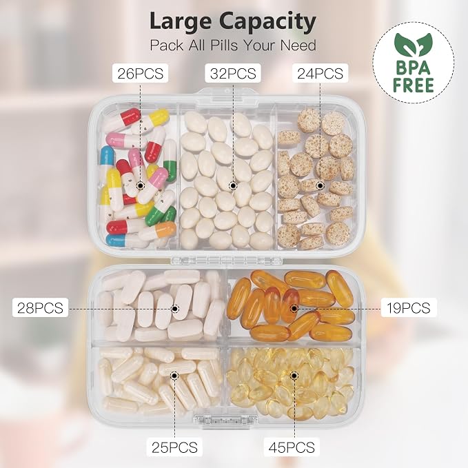 FYY Travel Pill Organizer, Large Weekly Medicine Pill Organizer-Clear | Airtight Moistureproof Medicine Case, Easy to Use, 8 Compartment Pill Box for Vitamins, Fish Oil, Supplements, Mini First Aid