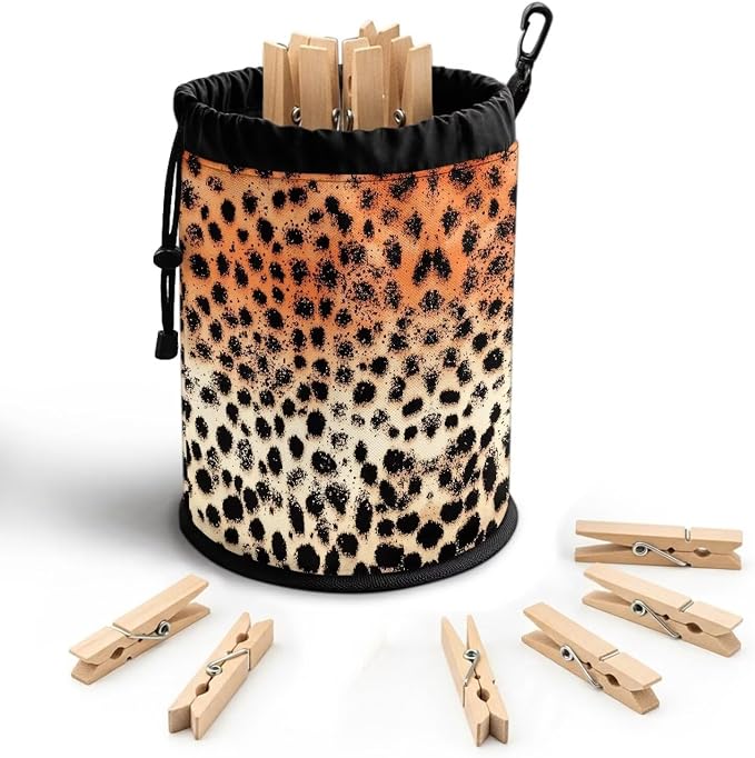 Leopard Print Clothespin Holder Bag Drawstring, Portable Laundry Peg Organizer Pouch, Storage for Clips with Hanging Feature, Ideal for Drying Rack, Camping, RV