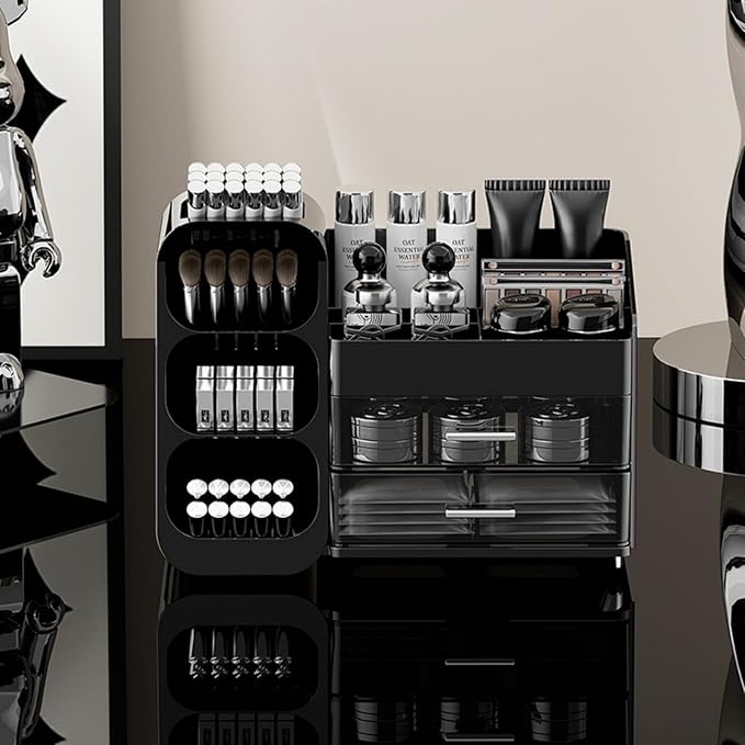 Makeup Organizer with Drawers, Large Capacity Countertop Organizers for Vanity,Bathroom and Bedroom Desk Cosmetics Organizer,Easy To Storage Skincare,Brushes,Lotions,Lipstick (Black)