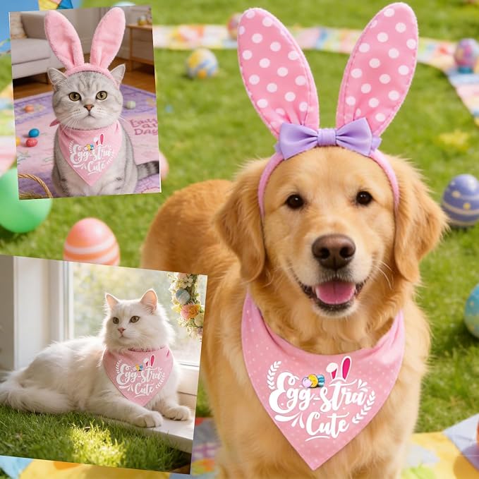 Easter 2-in-1 Dog Bandana with Egg-Stra Cute & Some Bunny Love Me Lovely Saying, Pink Pet Holiday Costumes Scarf with Snap Button, Small to Medium Breeds (5-30lbs)