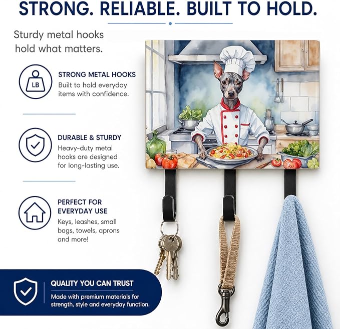 Caroline's Treasures American Hairless Terrier The Chef Leash or Key Holder Wall Hooks, Key Hooks Holder, Coat Rack Wall Mount, Coat Hooks, Hooks for Hanging Keys, Towels, Aprons, Leashes | American Hairless Terrier The Chef artwork on ceramic tile wit...