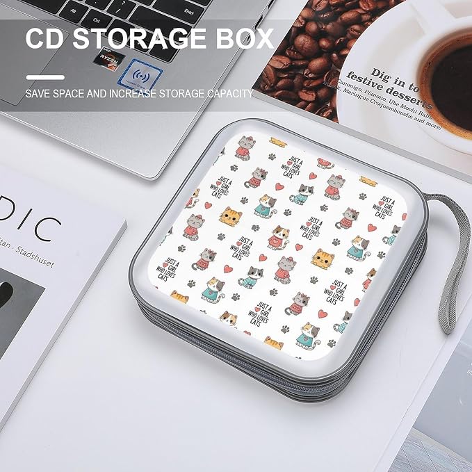 40 Capacity CD Case Holder Cat Disc Wallet Organizer Binder | Portable Zipper DVD Storage with Strap for Car Office Home Travel, Hard Plastic, Just A Girl Who Loves Cat