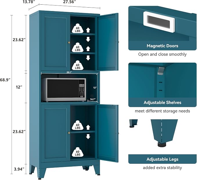 YAUWOH 69" Tall Metal Pantry Cabinet with Microwave Shelf, 4 Doors & 3 Adjustable Shelves, 120LBS Per Shelf Heavy Duty Storage Cabinet with Anti-Tip Design for Kitchen,Dining Room (1PC,Blue)