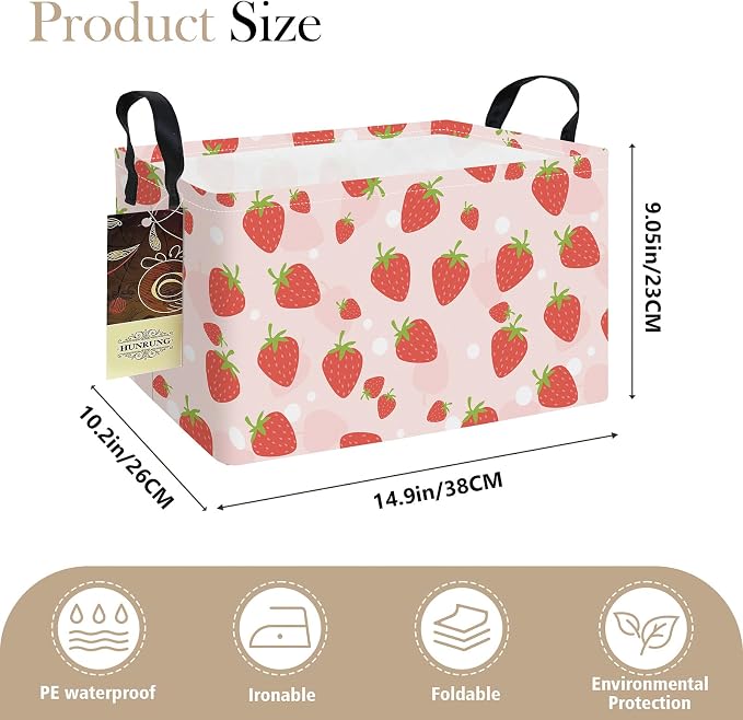 Rectangle Foldable Storage Basket Handles For Home, Pink Strawberry | Waterproof canvas material, reinforced handles, perfect for shelf use, organizes clothes, daily items and pet supplies