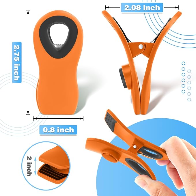12 Pack Chip Clips, Bag Clips for Food, Magnetic Sealers for Chips and Other Food, Plastic Bag Clip for Kitchen, Fridge, Clothes, Sewing and Artwork (Orange)