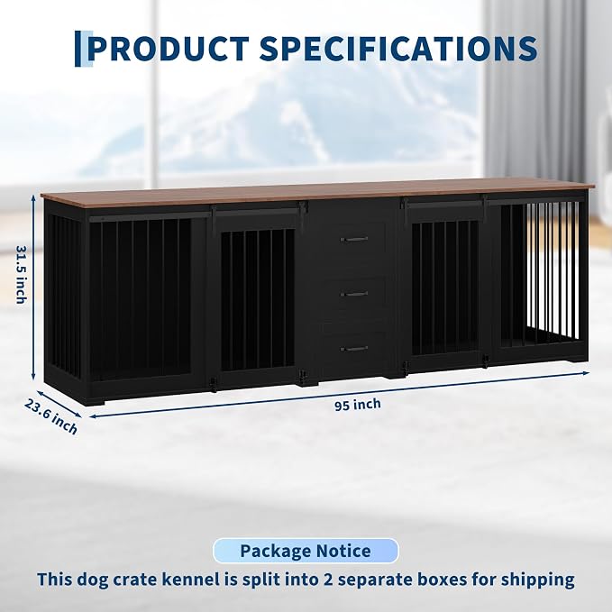 95" Large Dog Crate Furniture for 2 Dogs, Farmhouse Wooden Dog Kennel with 3 Storage Drawers, Heavy Duty Furniture Style TV Stand with Sliding Barn Doors