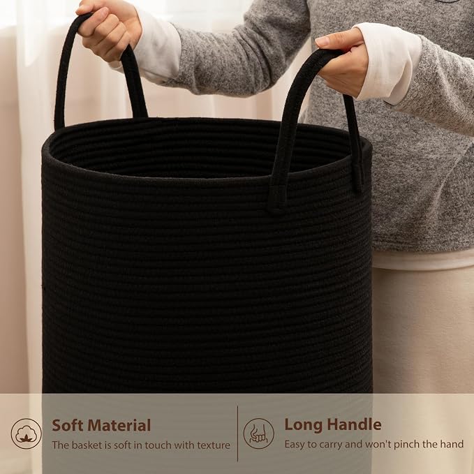 OIAHOMY 60L Nursery Hamper Laundry Basket Laundry Hamper Black | collapsible Blanket Basket Cotton Rope Woven Basket Dirty Clothes Hamper Baby Hamper Tall Clothes Hamper with Handles