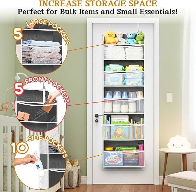 5Tiers Over Door Organizer, Weekly Clothes Organizer for Kids | 5 clear PVC front pockets, 10 mesh side pockets, weekly outfit planner, for kids, dorm, entryway, RV, 50 lbs capacity