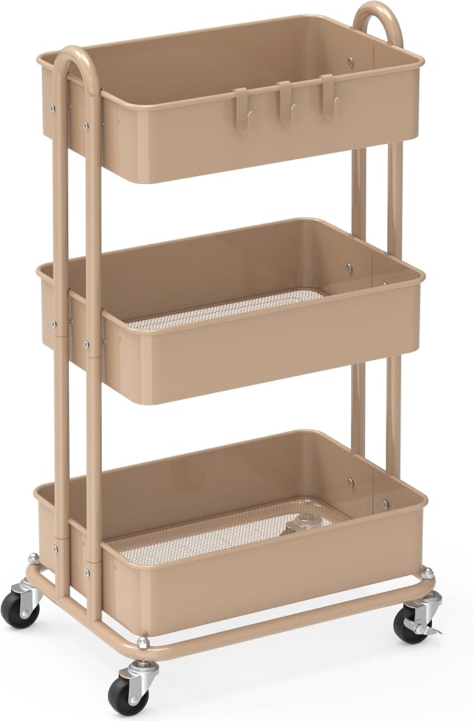 Simple Houseware 3-Tier Heavy Duty Metal Utility Rolling Cart, Khaki
