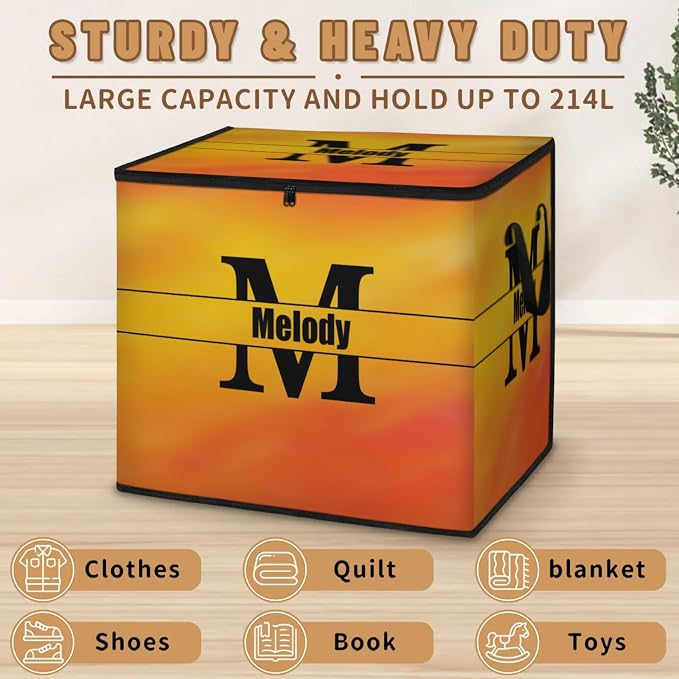 Custom Name Comforter Storage Bin with Lid, Personalized Initial Letter XL Storage Basket with Handles Zippers for Organizing Blankets, Bedding Closet Shelf Baskets, Gradient Yellow Orange