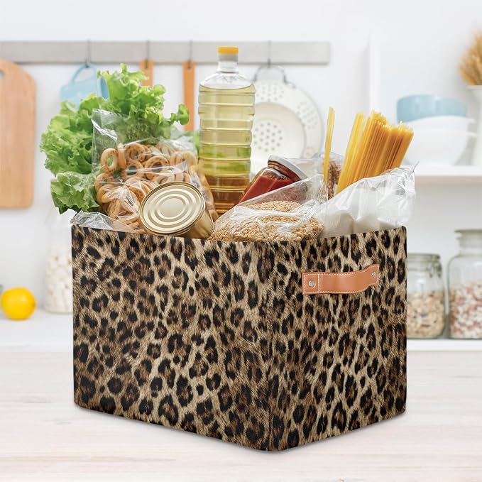 SEULIFE Animal Tiger Leopard Skin Print Foldable Storage Basket, Large Collapsible Organizer Storage Bin Cube Toys Storage Boxes with Handles for Bathroom Kids Nursery Closet Storage, 1 Pack