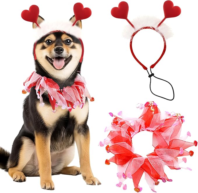 Dog Outfit, Red Glitter Heart Dog Headband and Tutu Collar Costume Set, Valentine’s Party Accessories for Small Medium Large Dogs Style A